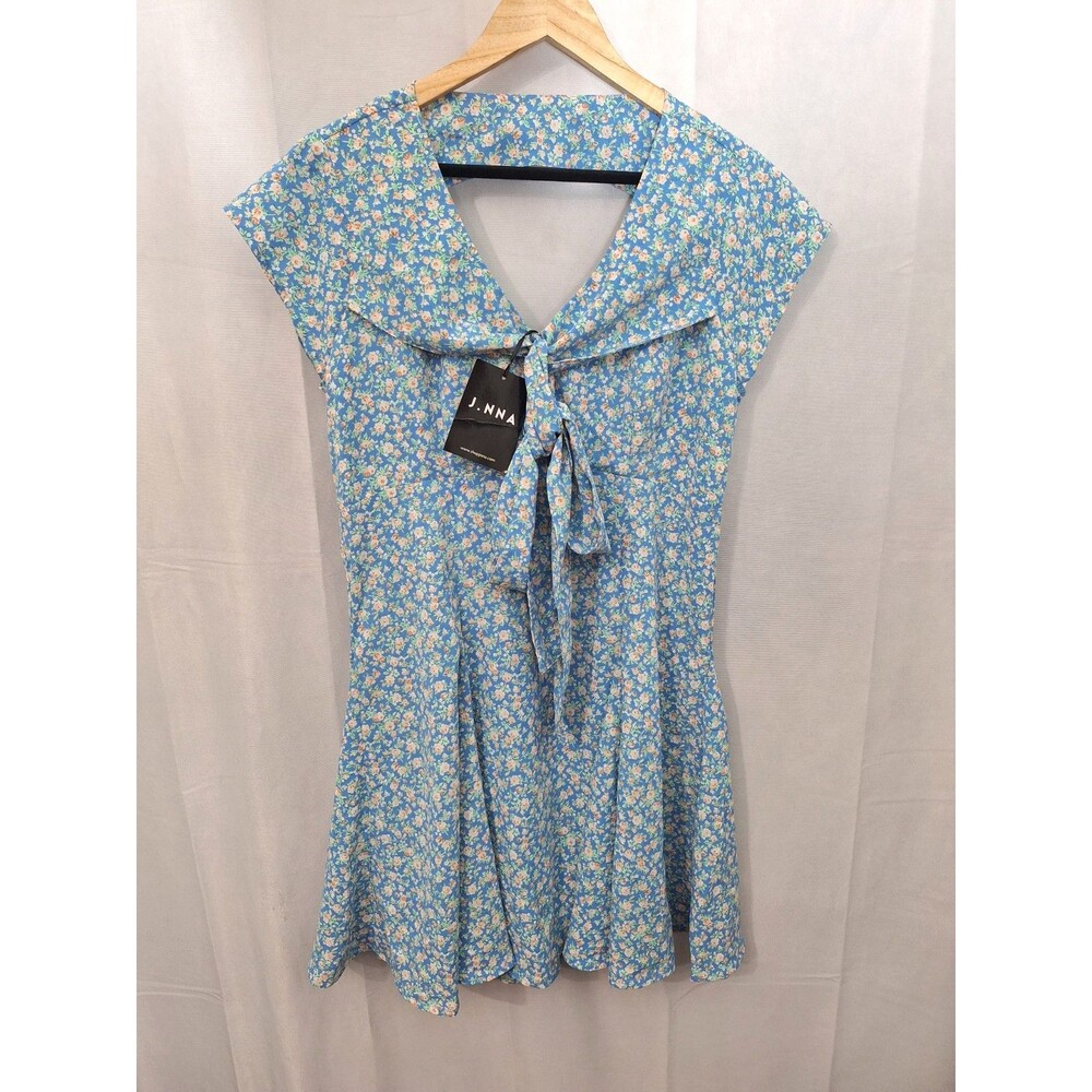 J. NNA Floral Mini Dress Sz Large Cap Sleeve Tie Front Fairy Festival Cottage